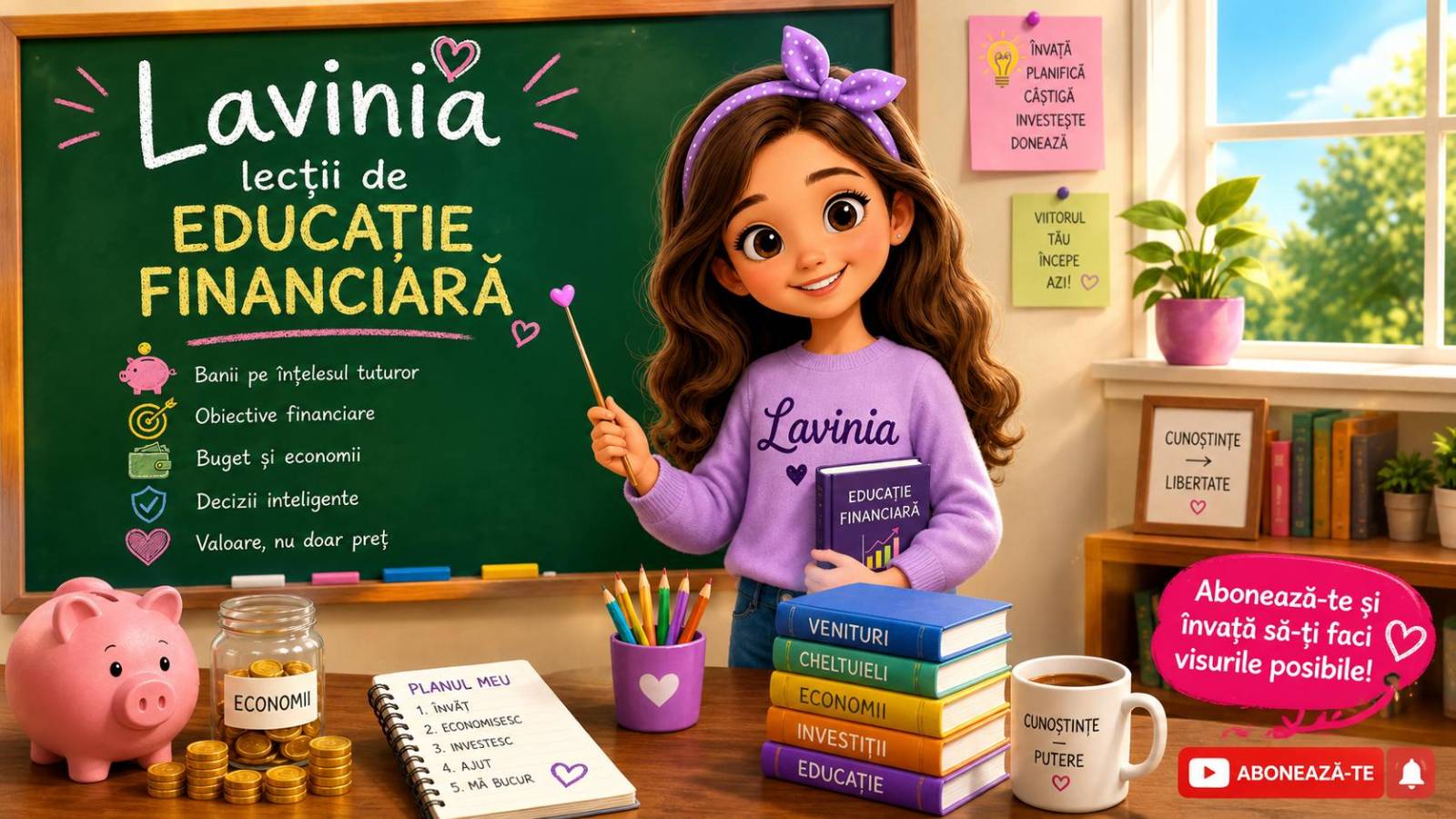 Lavinia predând educație financiară la tablă
